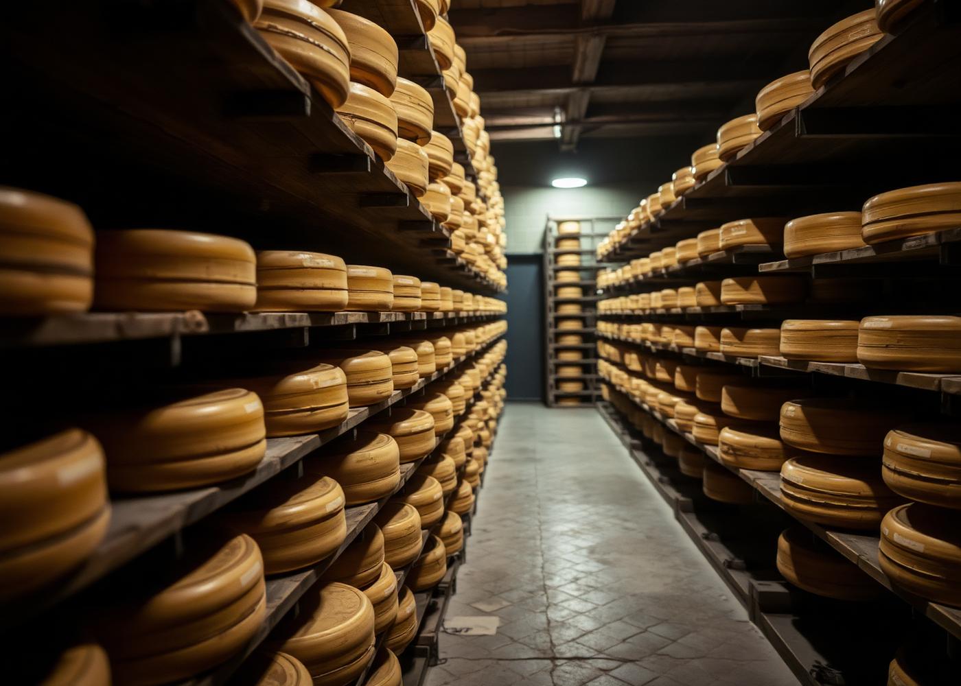 Rows of cheese wheels ageing on wooden shelves in a cellar