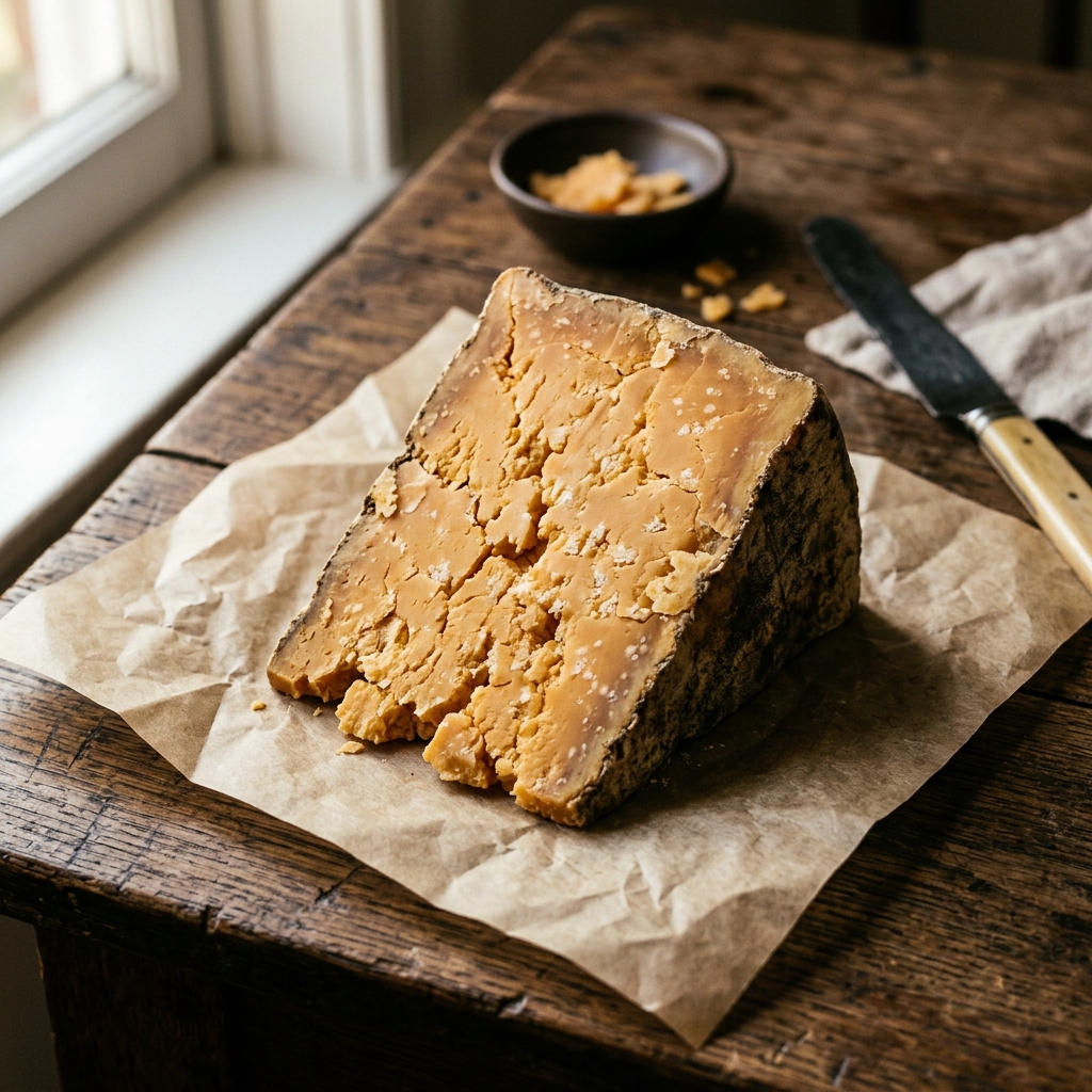 Crumbly golden wedge of Aged Cheddar cheese on parchment paper