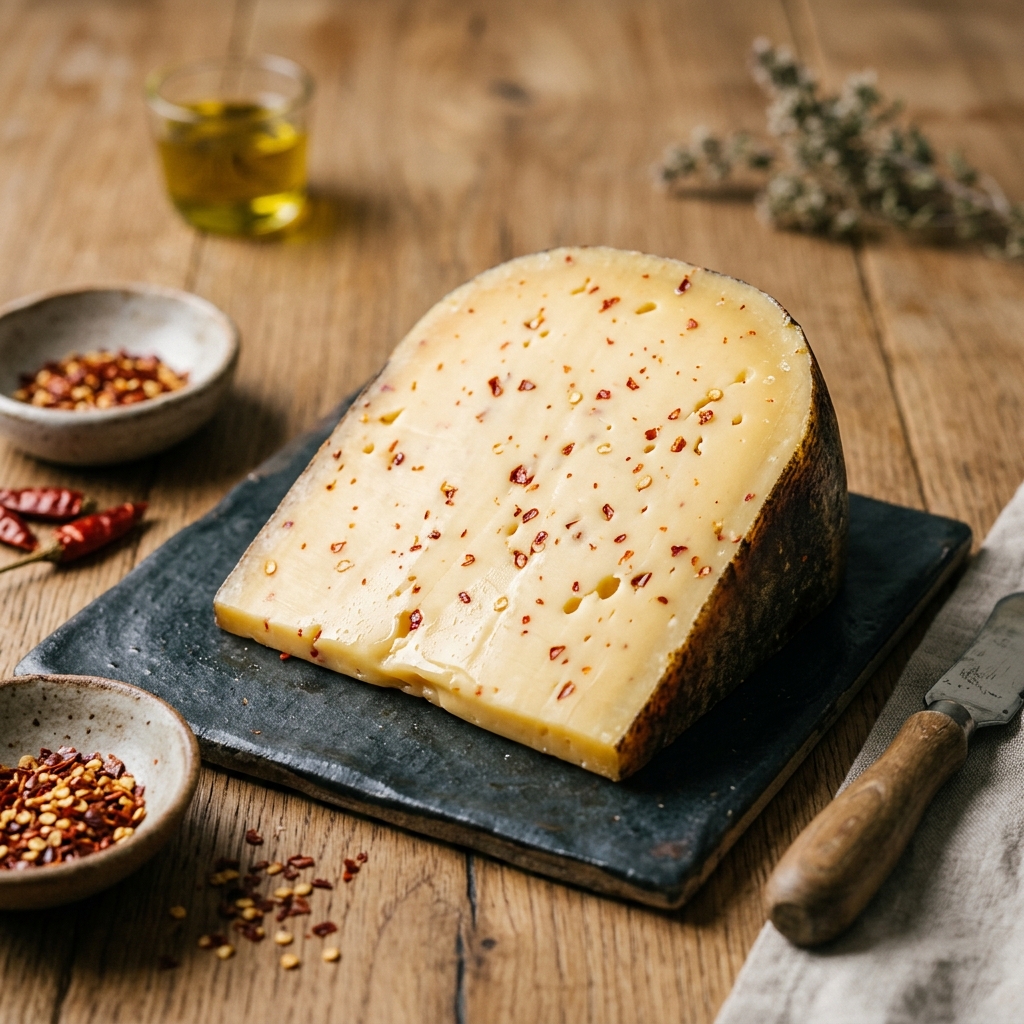 Wedge of semi-hard golden Gouda cheese infused with red chilli flakes