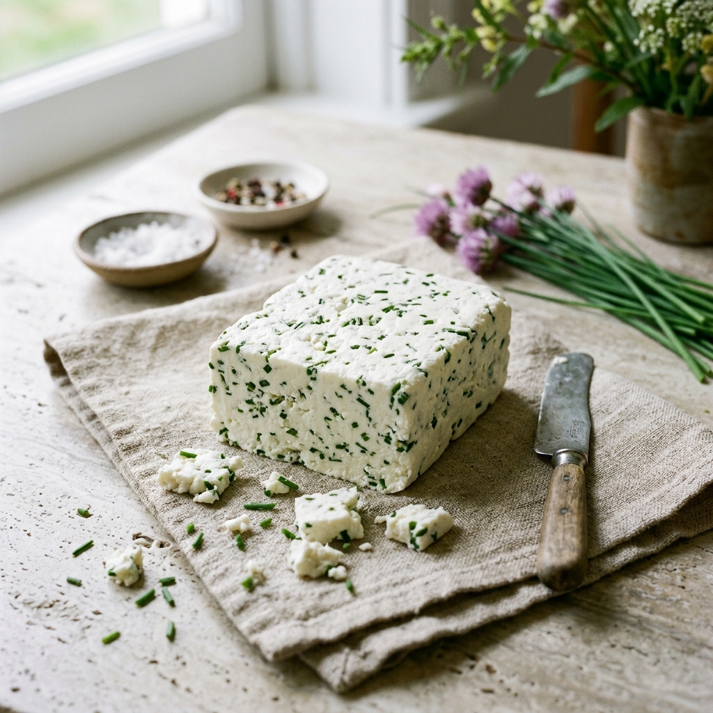 Block of white Feta cheese flecked with fresh green chives