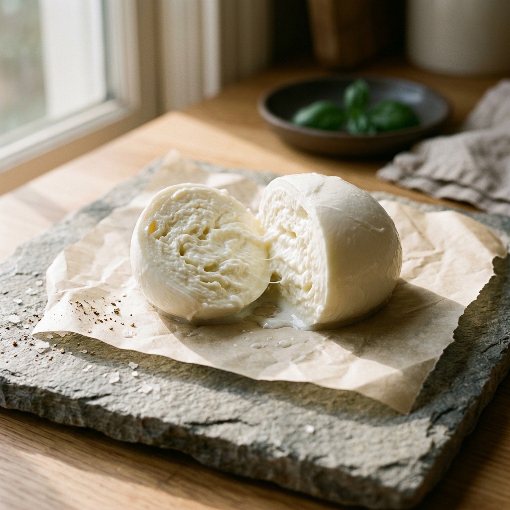 Fresh Mozzarella ball cut open revealing soft juicy curd