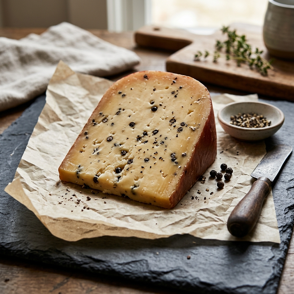 Wedge of Gouda cheese studded with cracked black peppercorns