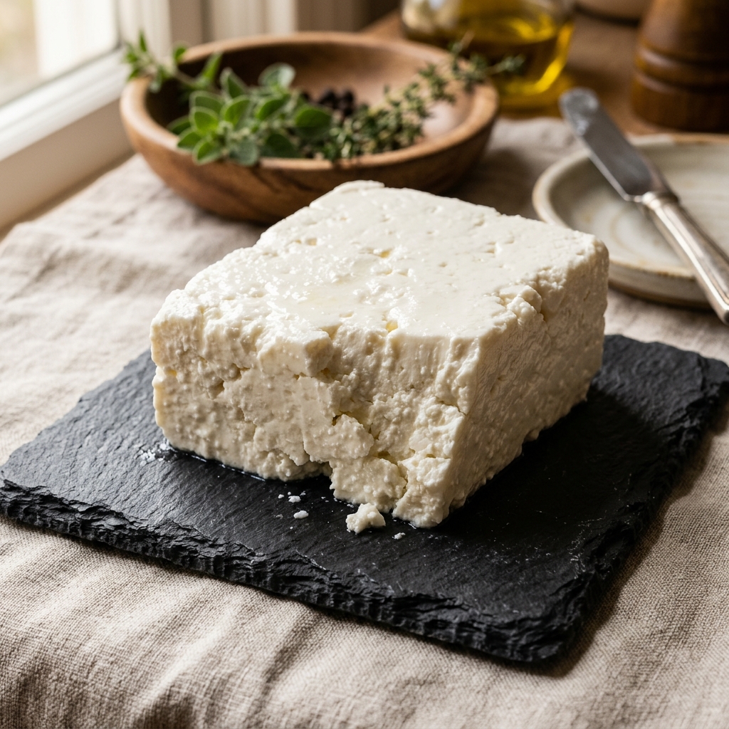 Block of Plain Feta cheese with crumbly edges on dark slate