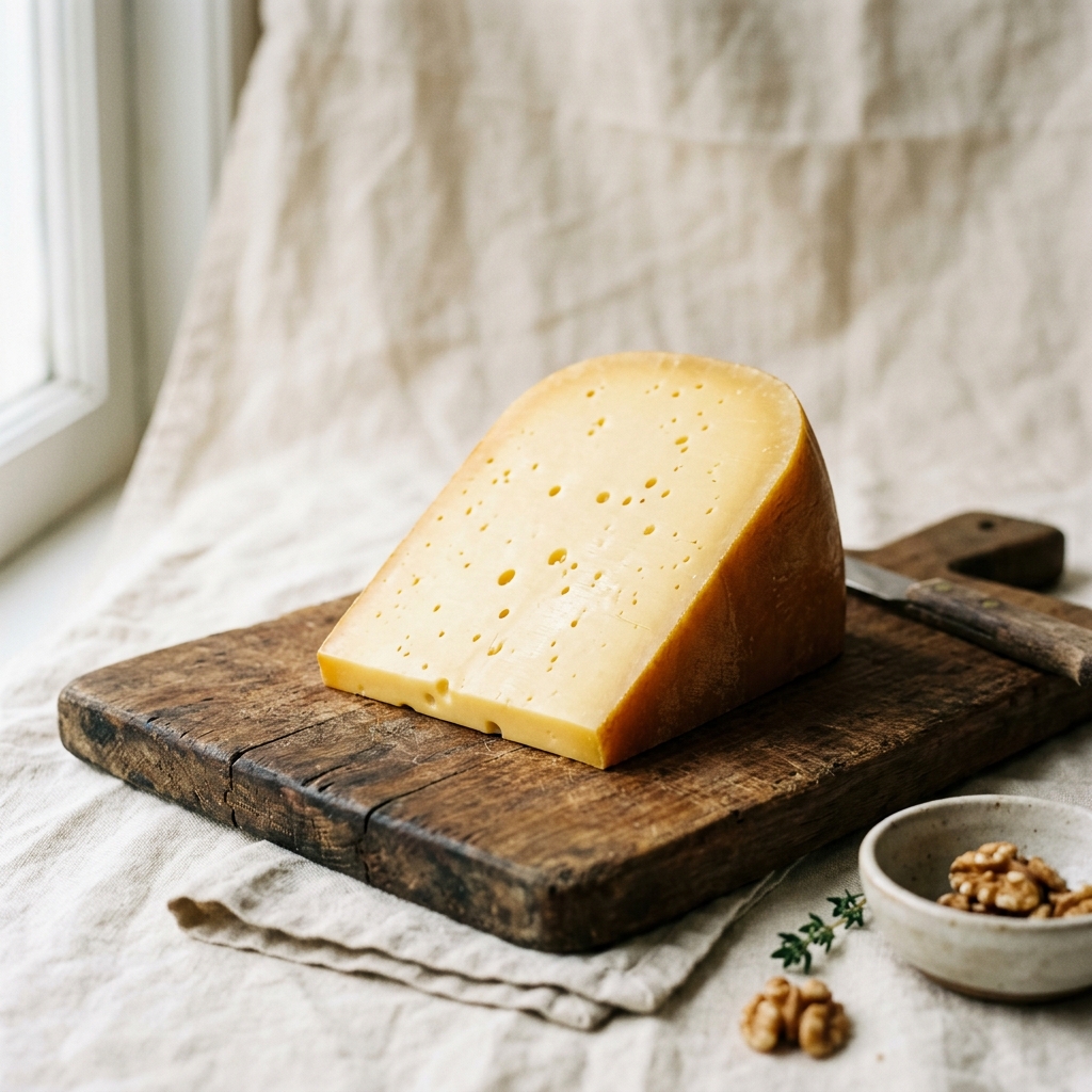 Golden wedge of Plain Gouda cheese with small eyes on a wooden board