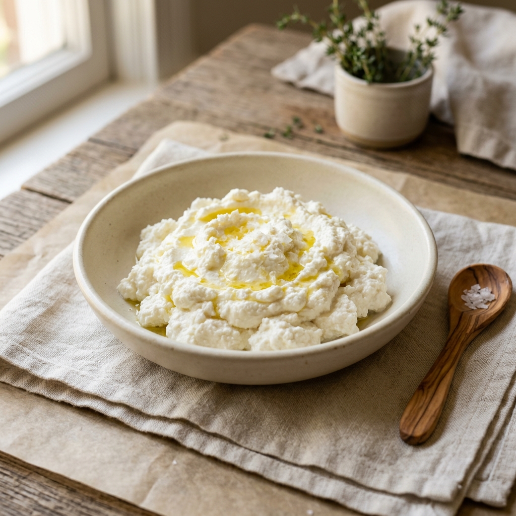 Fresh white Ricotta cheese in a ceramic dish with olive oil