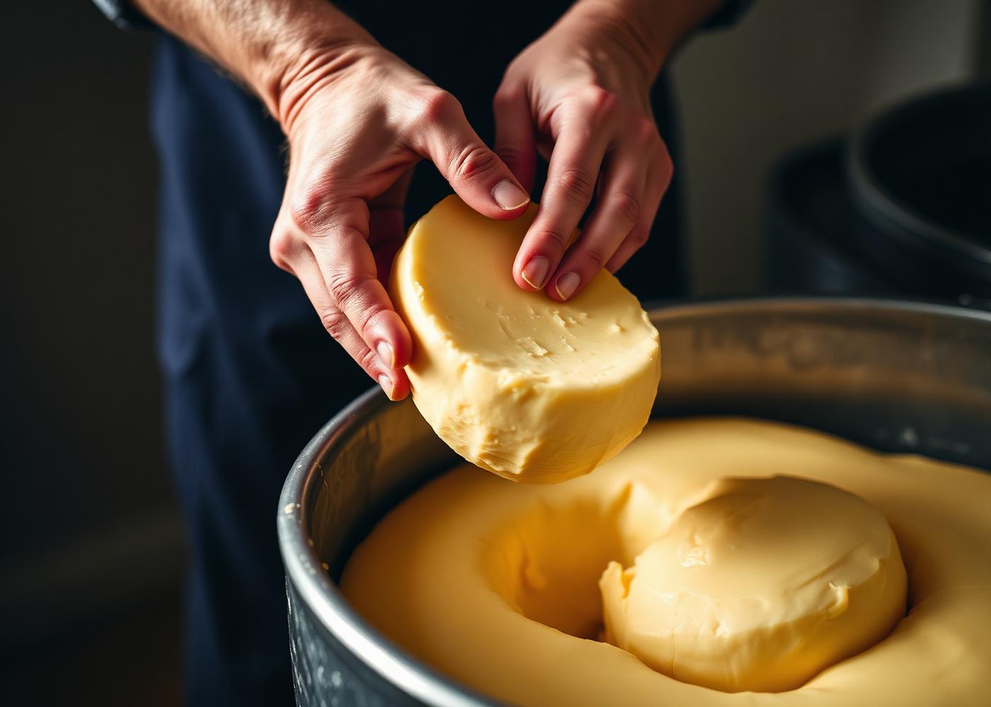 A cheesemaker's hands lifting fresh curd from a steel vat