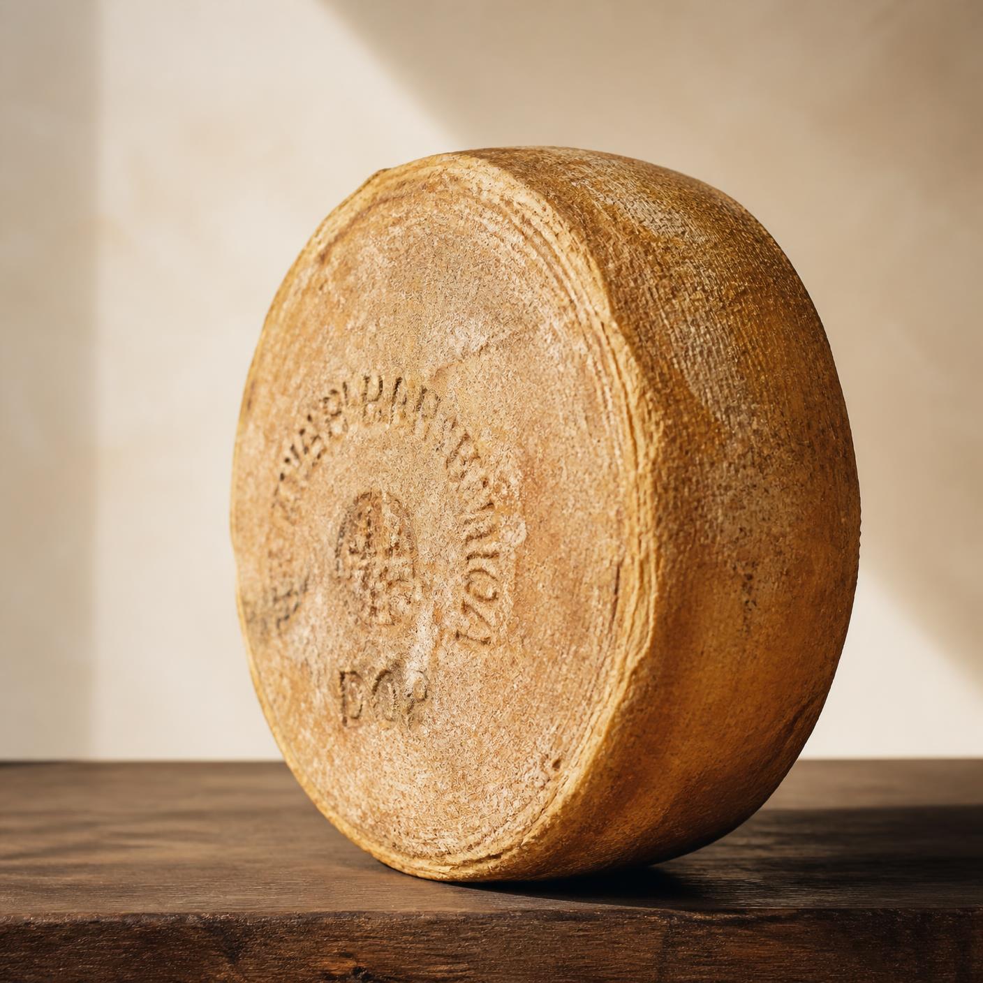 An aged artisanal cheese wheel resting on dark walnut wood in warm light