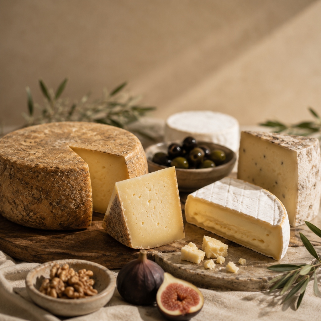 Artisanal cheese selection with whole wheels, wedges, olives and figs on a wooden board