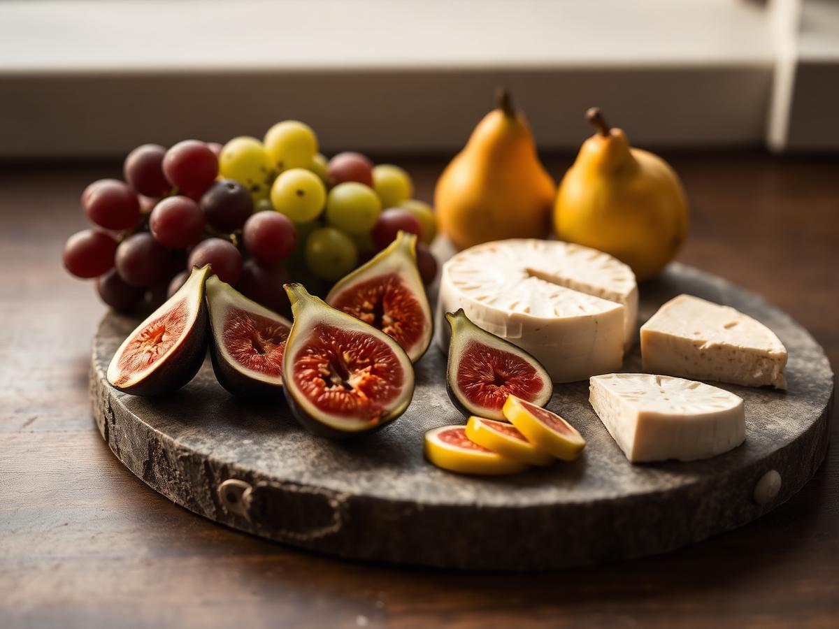 Figs, grapes and pears on a stone board with cheese