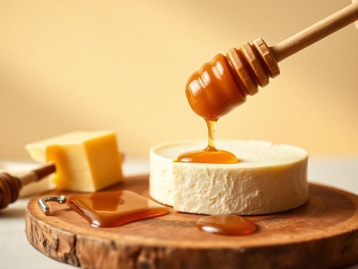 Honey drizzling onto a round of fresh cheese