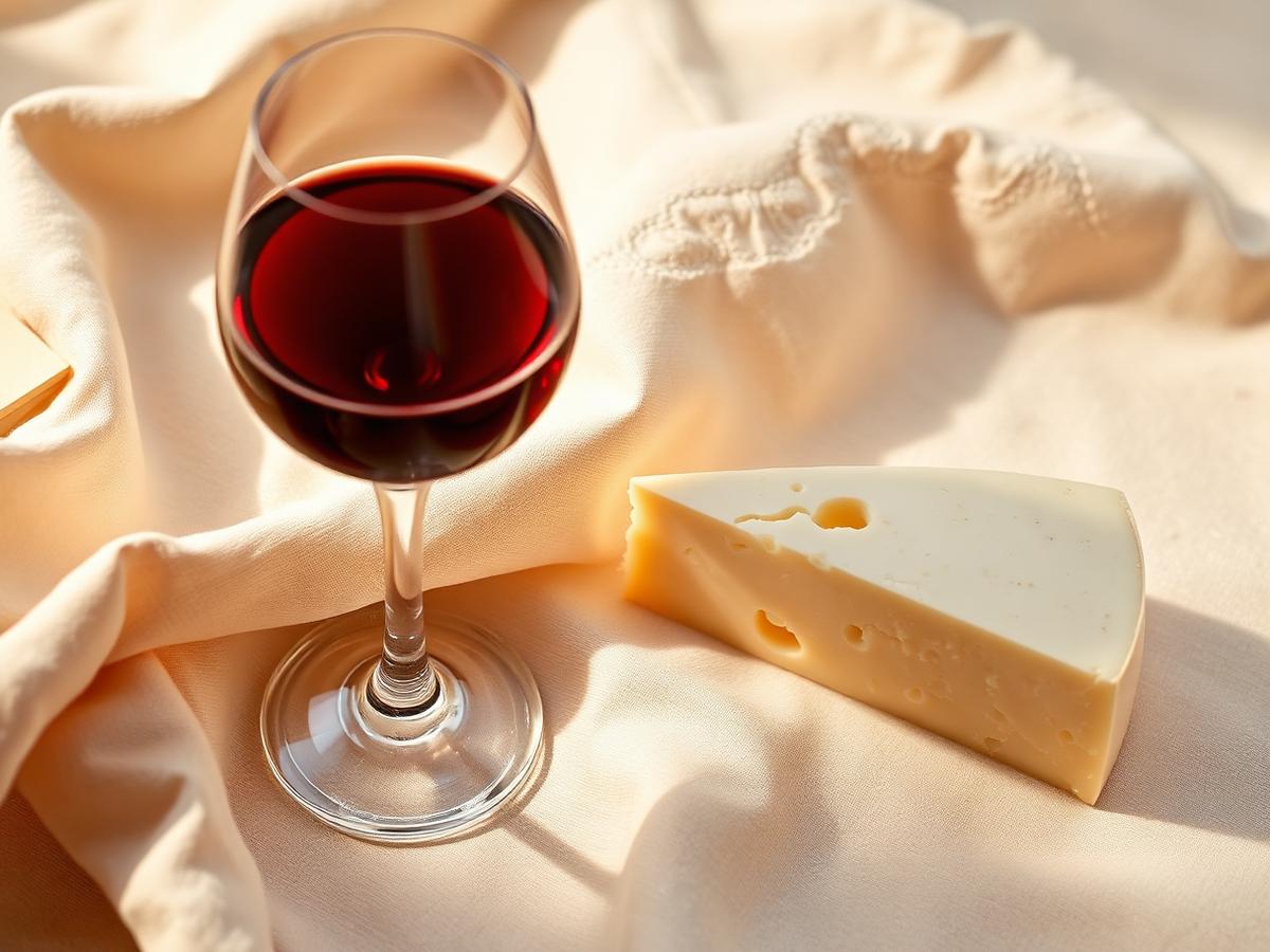 Glass of red wine beside a wedge of cheese on ivory linen